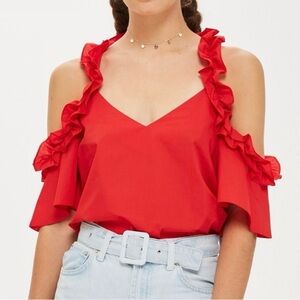 Topshop‎ Red Ruffle Cold Shoulder Blouse